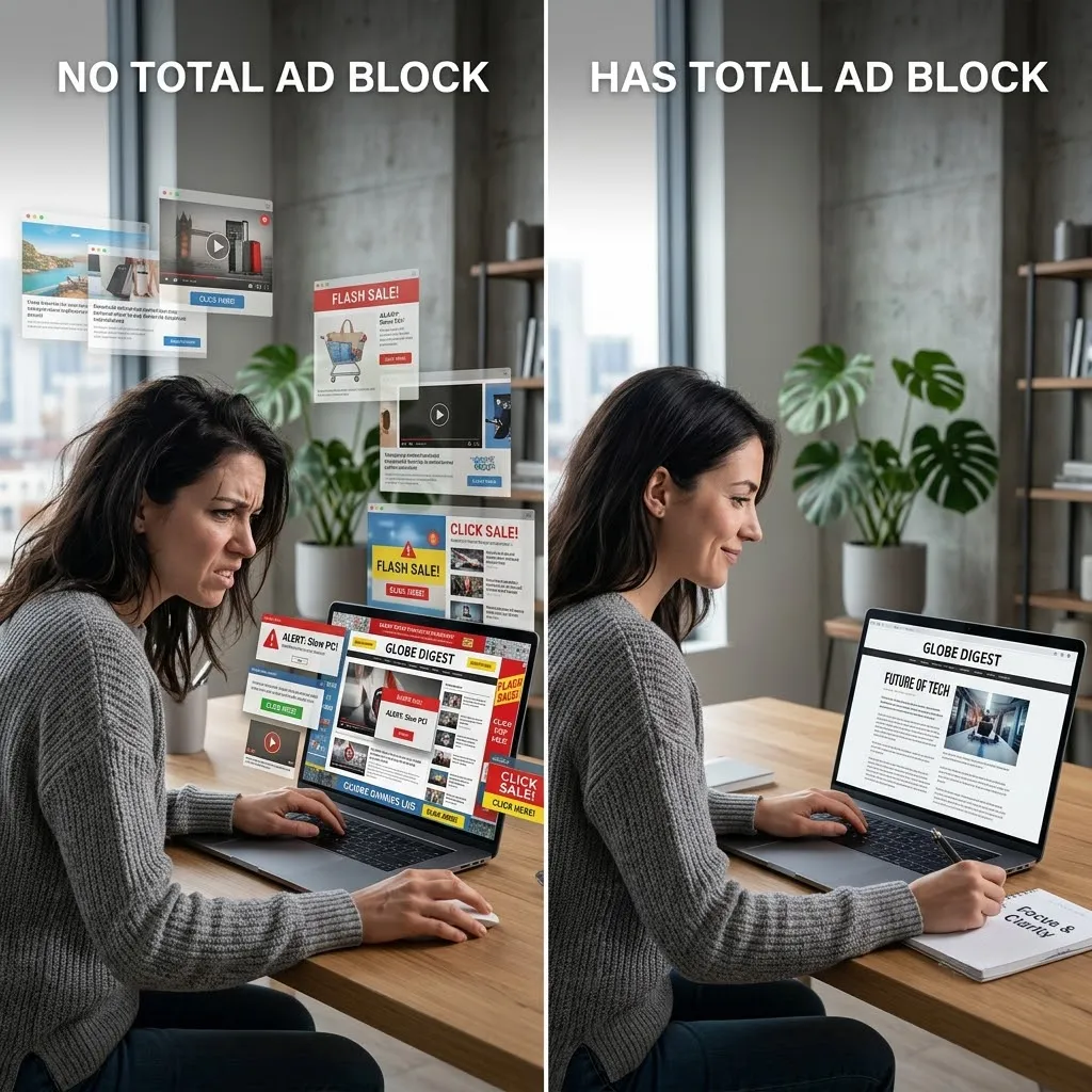Side-by-side comparison graphic: a person surrounded by multiple pop-up ads on a laptop without Total Adblock, next to the same person calmly reading a clean, ad-free page with Total Adblock installed.